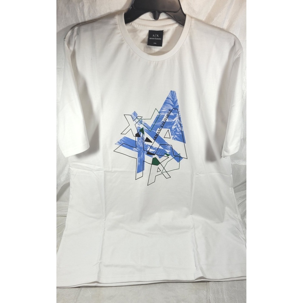 Armani Exchange Men's Short Sleeve T-Shirt w/ Blue Geometric Logo - White - XXL